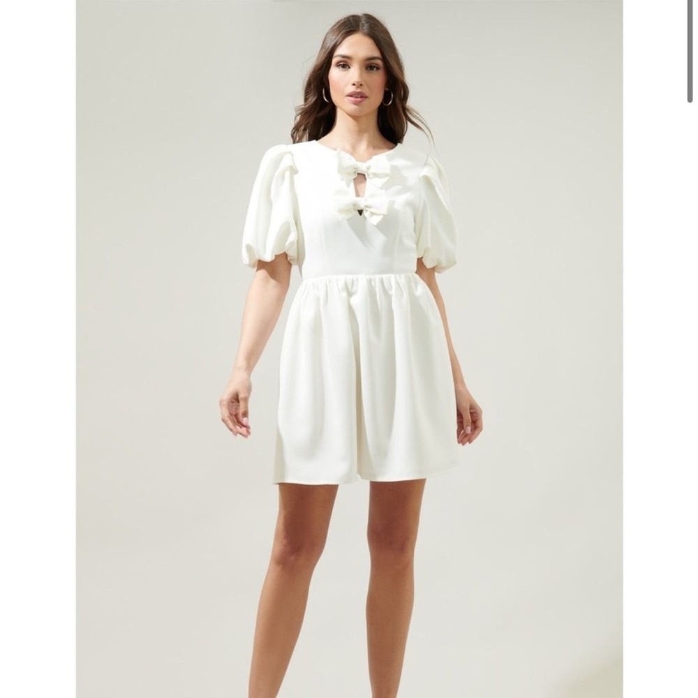 SugarLips White Puff Sleeve Bow Detail A Line Mini Dress Size S